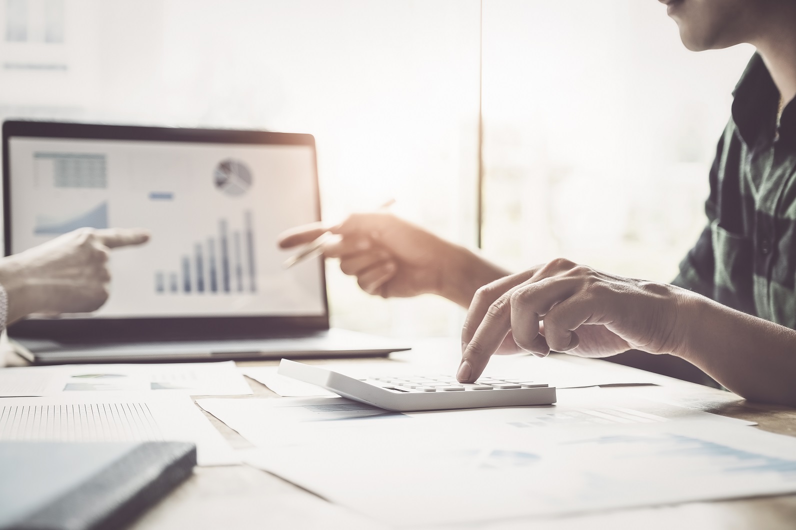 Rechtsanwalt für Steuerrecht, Steuerberater bespricht am Laptop betriebswirtschaftliche Auswertung